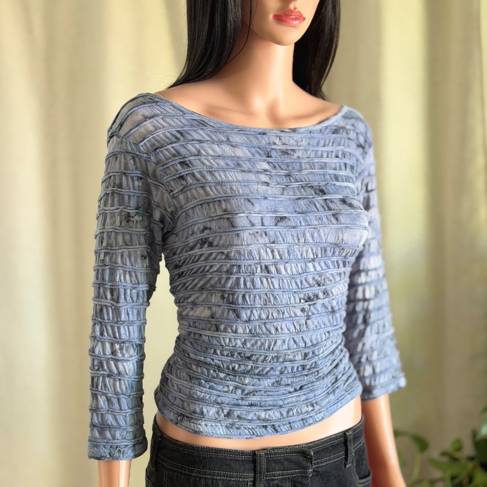 Vtg 90s Y2K Dunia Womens Blue Tie Dye Shirred Smocked 3/4 Sleeve Cotton Top L